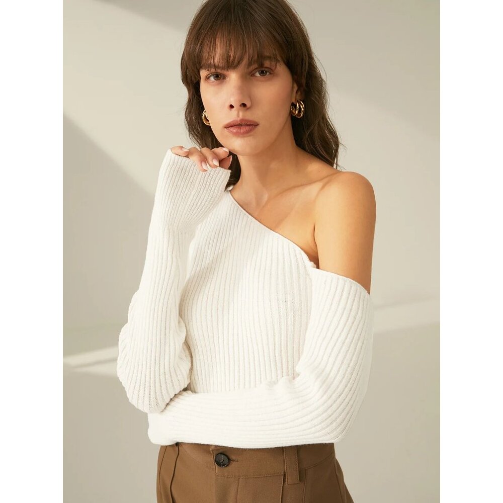 Commense NWT One Shoulder Long Sleeve Ribbed Pullover Sweater in White size XS